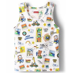Babyhug 100% Cotton Single Jersey Knit Sleeveless Sando & Shorts Set With Vehicle & Animal Print - White & Orange