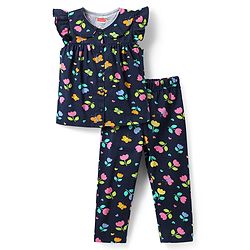 Babyhug Cotton Knit Frill Sleeves Night Suit With Floral & Butterfly Print - Navy Blue
