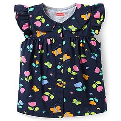 Babyhug Cotton Knit Frill Sleeves Night Suit With Floral & Butterfly Print - Navy Blue