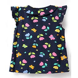 Babyhug Cotton Knit Frill Sleeves Night Suit With Floral & Butterfly Print - Navy Blue