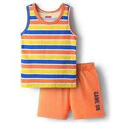 Babyhug 100% Cotton Single Jersey Knit Sleevelss Sando & Shorts Set With Stripes - Orange & Yellow