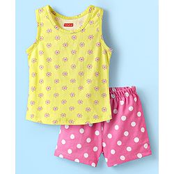Babyhug 100% Cotton Single Jersey Knit Sleeveless Sando & Shorts Set With Floral & Polka Dots Print - Yellow & Pink