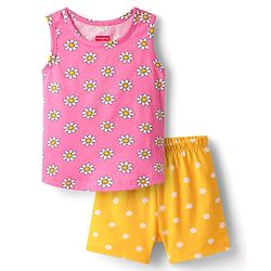 Babyhug 100% Cotton Single Jersey Knit Sando & Shorts Set With Floral & Polka Dots Print - Pink & Yellow