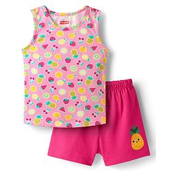 Babyhug 100% Cotton Single Jersey Knit Sando & Shorts Set With Fruit Print - Pink