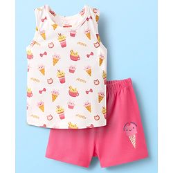 Babyhug 100% Cotton Knit Sleeveless Sando Vest & Shorts Set With Ice Cream Print - White & Pink