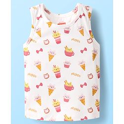 Babyhug 100% Cotton Knit Sleeveless Sando Vest & Shorts Set With Ice Cream Print - White & Pink