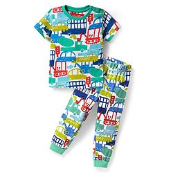 Babyhug Cotton Knit Half Sleeves Co-ords Night Suit with Vehicle Print - Light Green