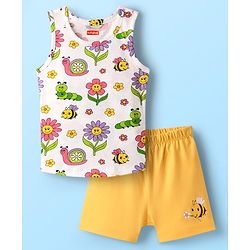 Babyhug 100% Cotton Single Jersey Knit Sando & Shorts Set With Floral Print - White & Yellow