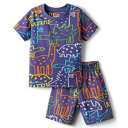 Babyhug Cotton Knit Half Sleeves Shorts Co-ord Night Suit With Dino Print - Purple