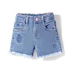 Babyhug Mid Thigh Washed Denim Shorts With Stretch & Text Print - Blue
