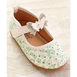 Cute Walk by Babyhug Ballerinas with Velcro Closure Heart Print & Bow Applique - Mint