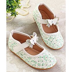 Cute Walk by Babyhug Ballerinas with Velcro Closure Heart Print & Bow Applique - Mint