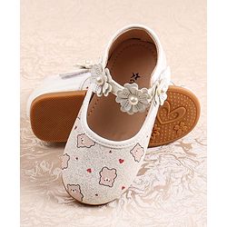 Cute Walk by Babyhug Velcro Closer Ballerina with Floral Applique & Bear Print - White