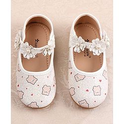 Cute Walk by Babyhug Velcro Closer Ballerina with Floral Applique & Bear Print - White