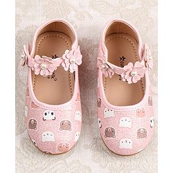 Cute Walk by Babyhug Velcro Closer Ballerina with Floral Applique & Bear Print - White