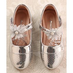 Cute Walk by Babyhug Mettalic Ballerina with Velcro Closure & Floral Applique - Silver