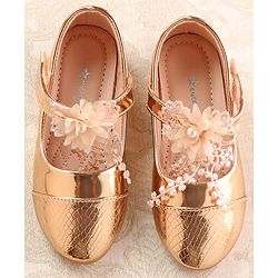 Cute Walk by Babyhug Metallic Ballerina with Velcro Closure & Floral Applique - Rose Gold