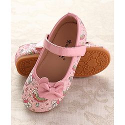 Cute Walk by Babyhug Velcro Closure Ballerinas with Glitter Unicorn Print & Bow Applique - Pink