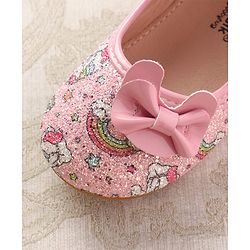 Cute Walk by Babyhug Velcro Closure Ballerinas with Glitter Unicorn Print & Bow Applique - Pink
