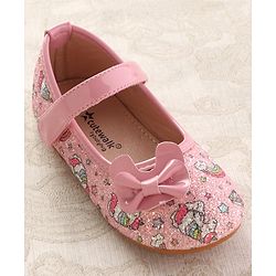 Cute Walk by Babyhug Velcro Closure Ballerinas with Glitter Unicorn Print & Bow Applique - Pink