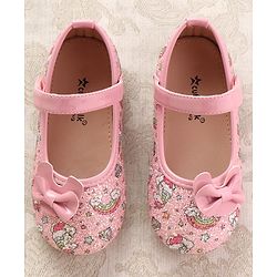 Cute Walk by Babyhug Velcro Closure Ballerinas with Glitter Unicorn Print & Bow Applique - Pink