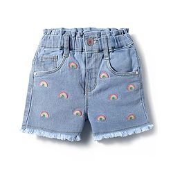 Babyhug Mid Thigh Denim Shorts With Stretch & Rainbow Embroidery - Light Blue