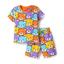 Babyhug Cotton Knit Half Sleeves Co-ords Shorts Night Suit with Bear Print - Orange