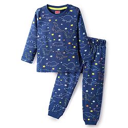 Babyhug Cotton Knit Full Sleeves Co-ords Night Suit with Dino Print - Navy Blue