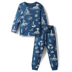 Babyhug Cotton Knit Full Sleeves Co-ords Night Suit with Nautical Theme Print - Navy Blue