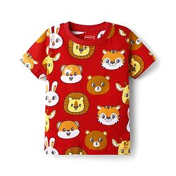 Babyhug Cotton Knit Half Sleeves Co- Ord Night Suit with Animal Print - Rust Orange