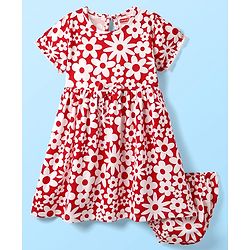 Babyhug Single Jersey Knit Half Sleeves Frock & Bloomers With Floral Print - Red