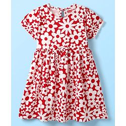 Babyhug Single Jersey Knit Half Sleeves Frock & Bloomers With Floral Print - Red