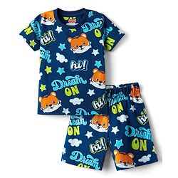 Babyhug Cotton Knit Half Sleeves Co-ords Shorts Night Suit with Cub Print - Navy Blue