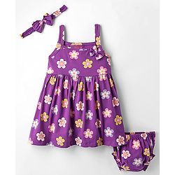 Babyhug Single Jersey Knit Sleeveless Floral Printed Frock With Bloomer & Headband - Purple
