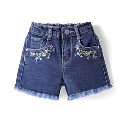 Babyhug Mid Thigh Length Denim Shorts with Floral Embroidery - Navy Blue