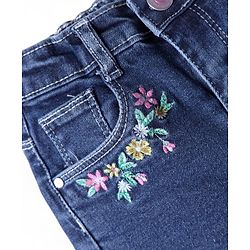 Babyhug Mid Thigh Length Denim Shorts with Floral Embroidery - Navy Blue