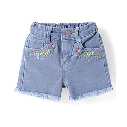 Babyhug Mid Thigh Length Denim Shorts with Floral Embroidery - Navy Blue