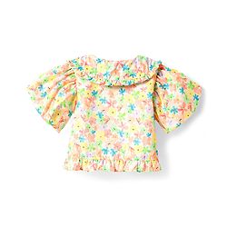 Babyhug Woven Puffed Sleeves Cropped Top with Floral Print - Cream
