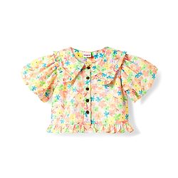Babyhug Woven Puffed Sleeves Cropped Top with Floral Print - Cream