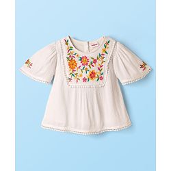 Babyhug Woven Half Sleeves Top With Floral Embroidery & Lace Detail - White