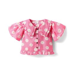 Babyhug Woven Half Sleeves Cropped Top With Floral Print & Frill Detail - Pink