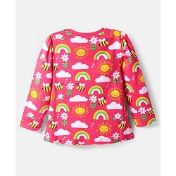 Babyhug Cotton Knit Full Sleeves Co-ords Night Suit with Rainbow Print - Dark Pink