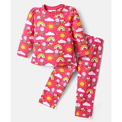Babyhug Cotton Knit Full Sleeves Co-ords Night Suit with Rainbow Print - Dark Pink