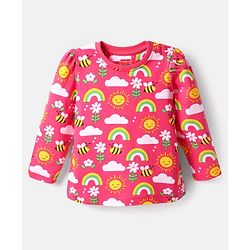 Babyhug Cotton Knit Full Sleeves Co-ords Night Suit with Rainbow Print - Dark Pink