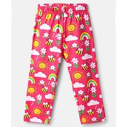 Babyhug Cotton Knit Full Sleeves Co-ords Night Suit with Rainbow Print - Dark Pink