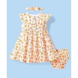 Babyhug Rayon Woven Frill Sleeves Floral Printed Frock With Bloomer & Headband - Orange & White