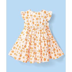 Babyhug Rayon Woven Frill Sleeves Floral Printed Frock With Bloomer & Headband - Orange & White