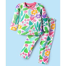 Babyhug Cotton Knit Full Sleeves Co-Ord Nightsuit with Floral Print - White & Light Green