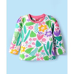 Babyhug Cotton Knit Full Sleeves Co-Ord Nightsuit with Floral Print - White & Light Green