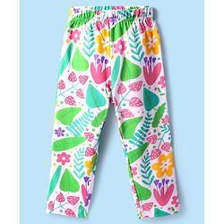 Babyhug Cotton Knit Full Sleeves Co-Ord Nightsuit with Floral Print - White & Light Green